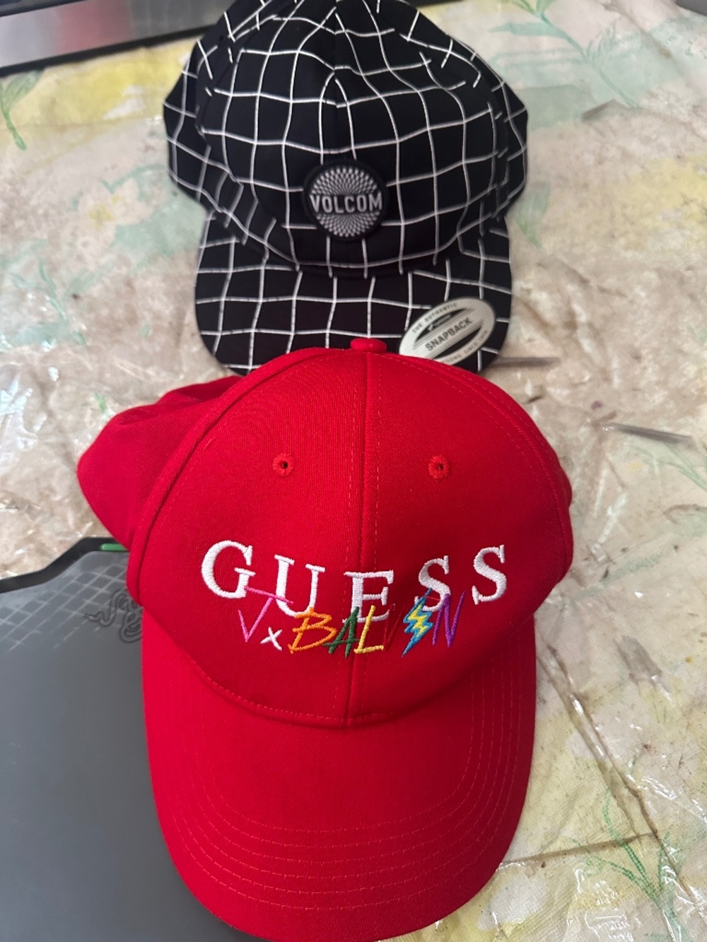 Guess J Balvin Red Hat Snapback and NWT Volcom Yupoong Sample Black Checks Dad
